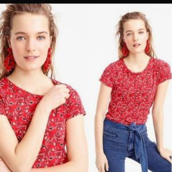 J. Crew Black Label Sz M Red Bandana Print Short Sleeve Cotton Crew Neck T-Shirt - Picture 1 of 9